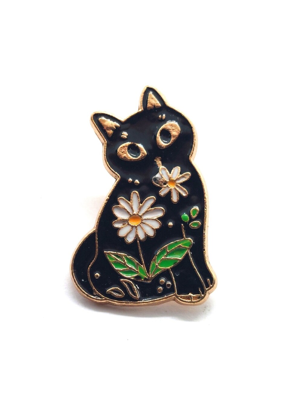 Cute Black Cat Pin Holding Daisies Enamel Gold Tone Floral Feline Gift